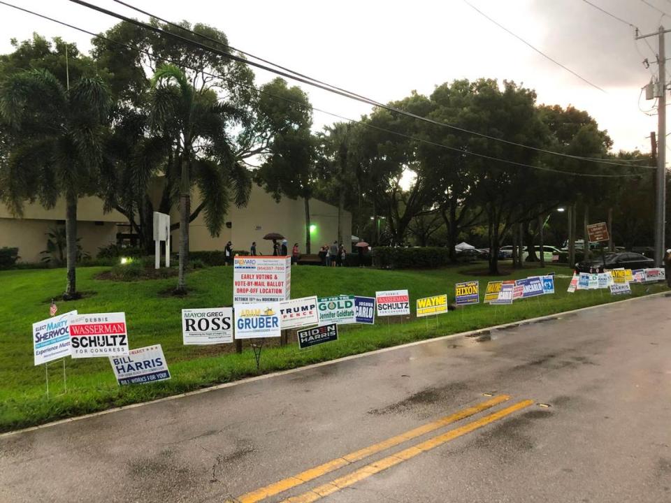 A soggy scene at 7:30 am Saturday, Oct. 31, 2020, at the early voting site at the Davie-Cooper City library.