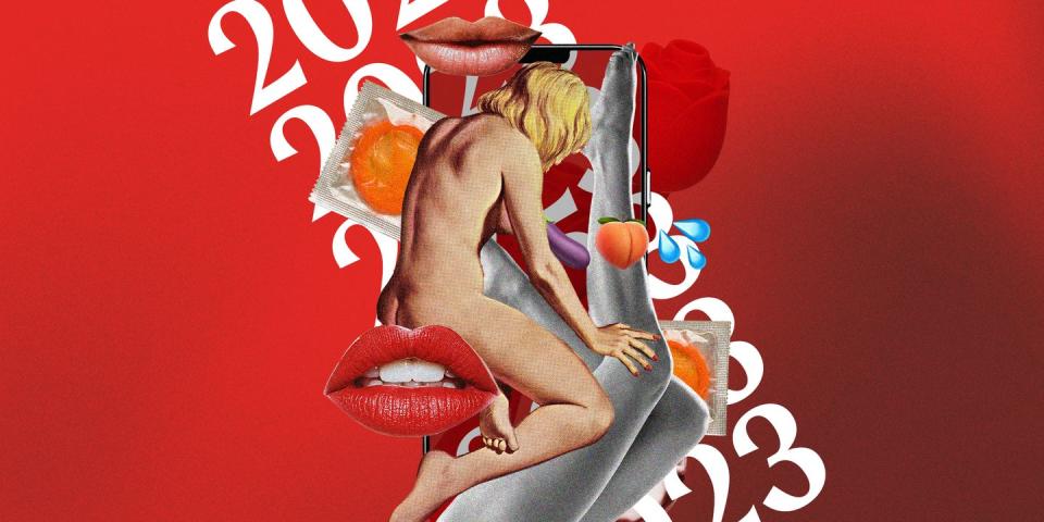 a collage of a woman, lips, legs, emojis and a phone on a red background