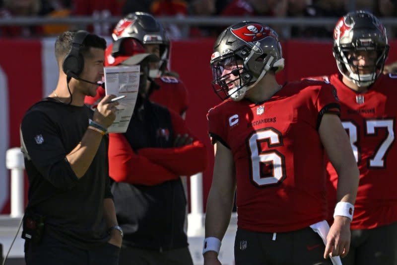 The Carolina Panthers requested an interview with Tampa Bay Buccaneers offensive coordinator Dave Canales (L) for their head coaching vacancy. File Photo by Steve Nesius/UPI