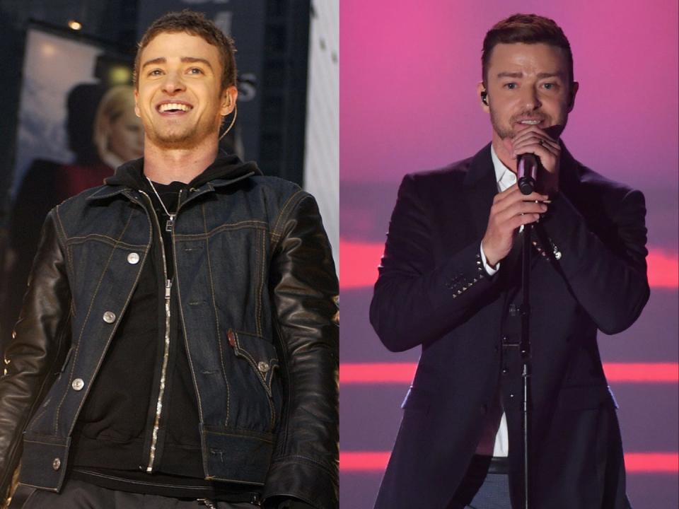 On the left, Justin Timberlake performing in 2002. On the right, Timberlake performing in 2019.