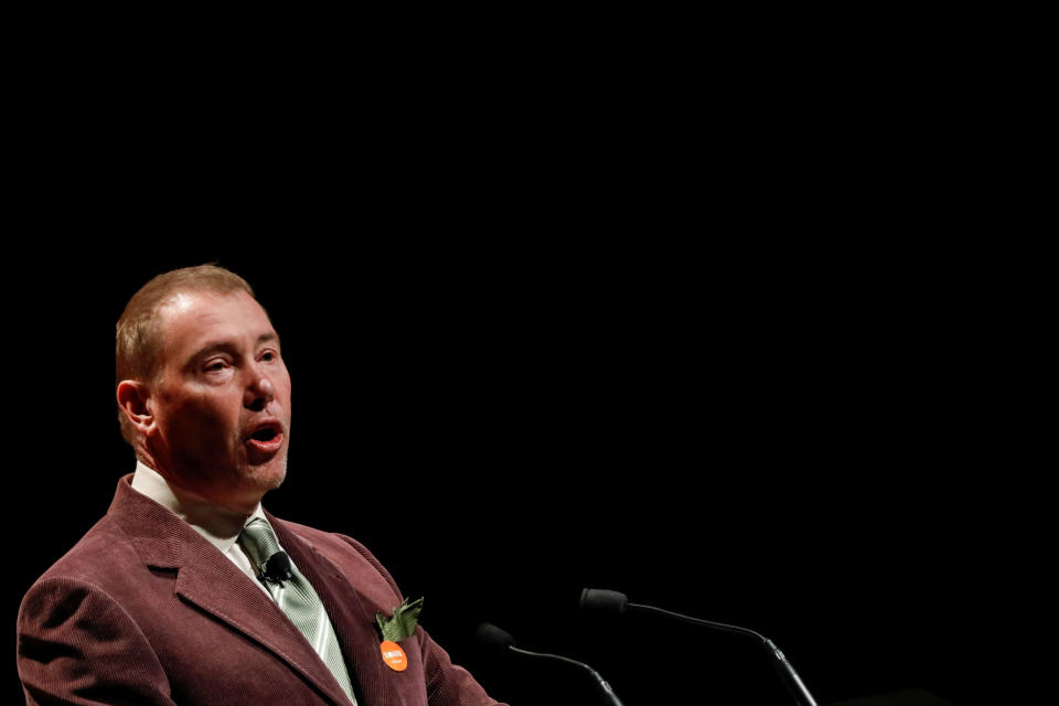 Jeffrey Gundlach, CEO of DoubleLine Capital LP, presents during the 2018 Sohn Investment Conference in New York City, U.S., April 23, 2018. REUTERS/Brendan McDermid