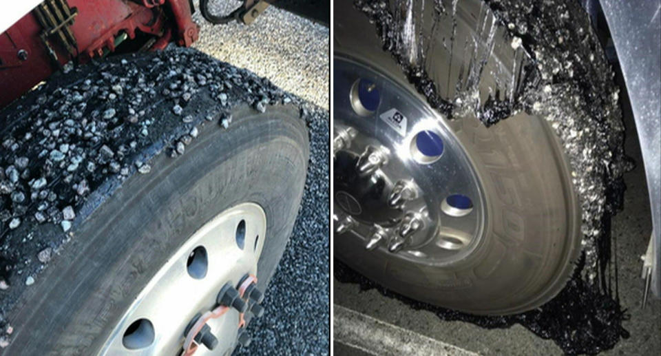 Queensland motorists on the Bruce Highway have been left with sticky 'melting' tyres (pictured), as they drove through a highway that failed to set in spite of the winter weather