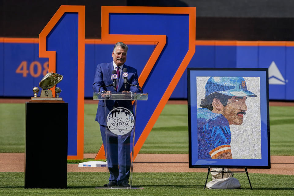 New York Mets announcer and former player Keith Hernandez speaks during a pre-game ceremony to retire his player number before a baseball game between the Mets and Miami Marlins, Saturday, July 9, 2022, in New York. (AP Photo/John Minchillo)