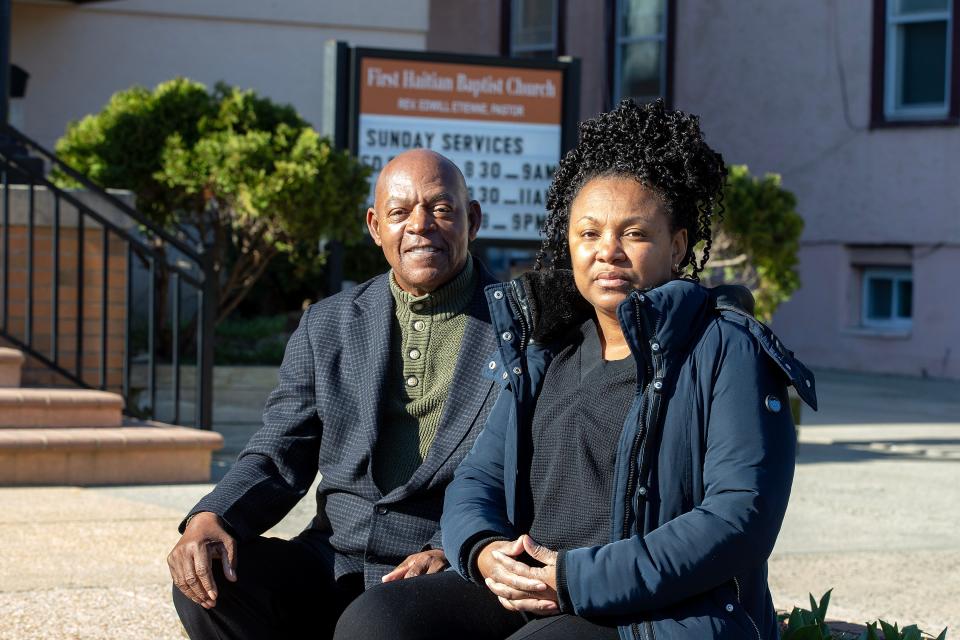 (right) Sheila Etienne of Neptune and her uncle, (left) Jean Lizaire, who was born in Haiti, moved to Asbury Park in 1977 and returned to Haiti in 2011 as a Christian missionary, talk about the ongoing crisis in Haiti in front of the First Haitian Baptist Church in Asbury Park, NJ Friday, March 22, 2024. Lizaire traveled back to Monmouth County last month to visit family but finds himself stranded because of the instability in Haiti.