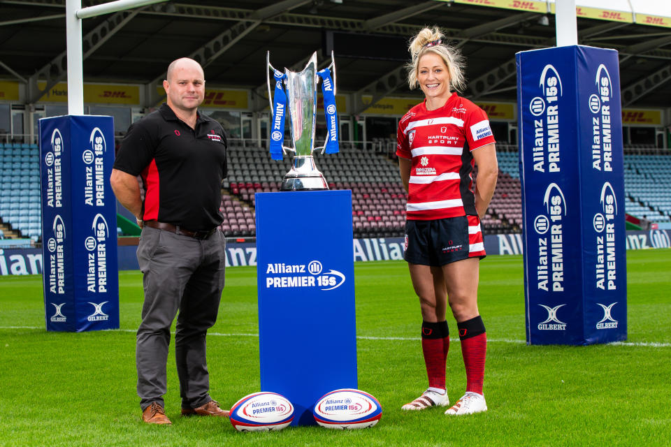 Gloucester-Hartpury's Natasha Hunt with coach Sean Lynn as the Allianz Premier 15s returns