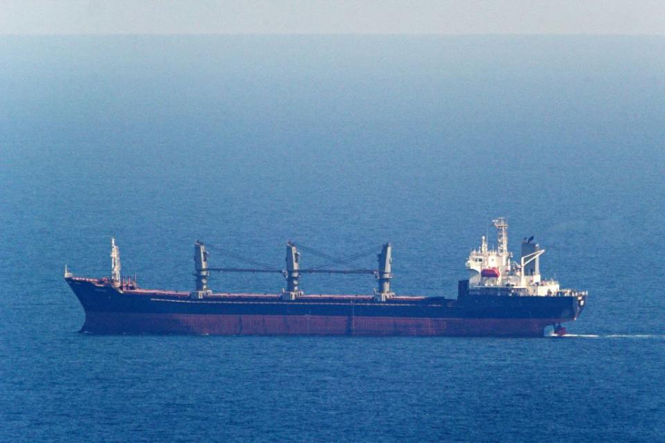 The Aroyat bulk carrier ship registered in Palau, sails towards the Ukrainian Black sea port of Chornomorsk on Sept. 16, 2023. (Stringer/AFP via Getty Images)