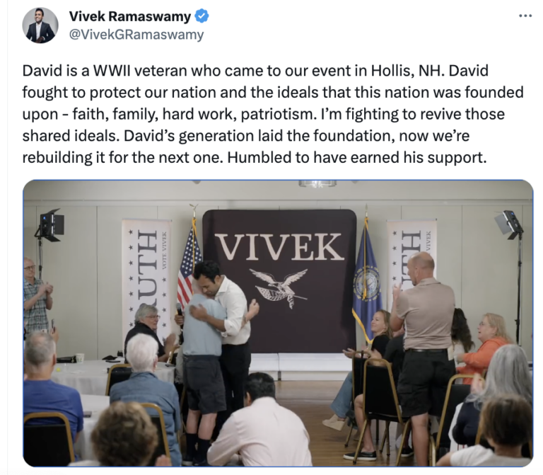 Vivek Ramaswamy builds an hour into his town hall events for questions. He shared a video of a Hollis stop on his Twitter feed.