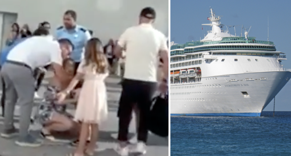 The boy seen returned to his family beside a stock image of the cruise. 