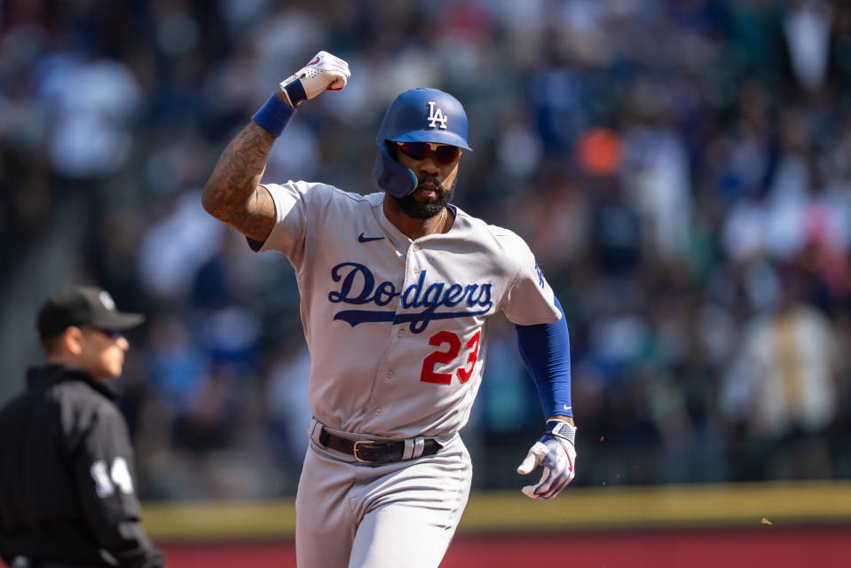 SEATTLE, WA - SEPTEMBER 17: Jason Heyward #23 of the Los Angeles Dodgers celebrates whiel rouding the bases after hitting a home run during a game against the Seattle Mariners at T-Mobile Park on September 17, 2023 in Seattle, Washington. The Dodgers won 6-1. (Photo by Stephen Brashear/Getty Images)