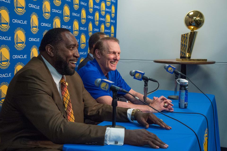 March 23, 2015; Oakland, CA, USA; 1975 NBA Championship Golden State Warriors team members Clifford Ray (left) and Rick Barry (right) address the media in a press conference before the game between the Warriors and the <a class="link " href="https://sports.yahoo.com/nba/teams/washington/" data-i13n="sec:content-canvas;subsec:anchor_text;elm:context_link" data-ylk="slk:Washington Wizards;sec:content-canvas;subsec:anchor_text;elm:context_link;itc:0">Washington Wizards</a> at Oracle Arena. Mandatory Credit: Kyle Terada-USA TODAY Sports