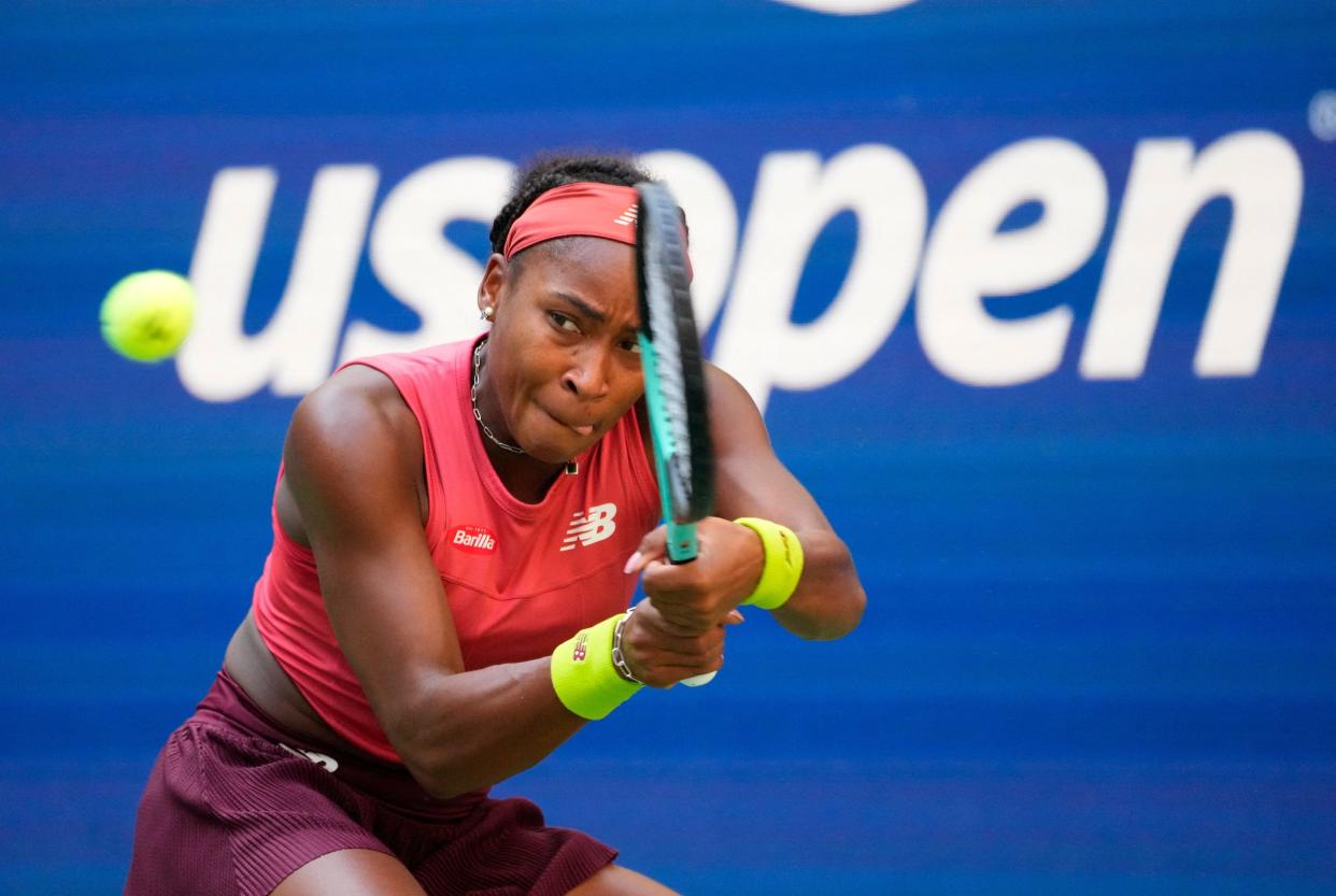 Coco Gauff hits a backhand at the 2023 US Open.