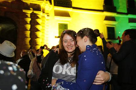 People celebrate after parliamentarians voted to recognise same-sex partnerships in the square outside parliament in Valletta April 14, 2014. REUTERS/Darrin Zammit Lupi