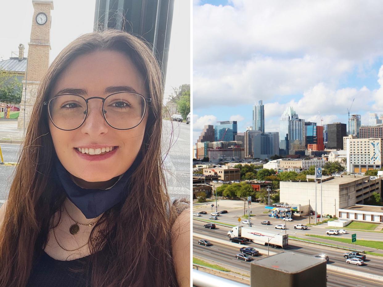 author alongside a photo of the austin skyline