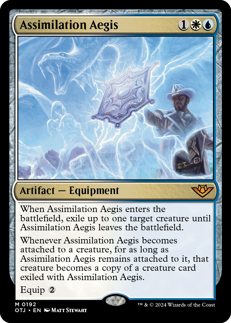 Assimilation Aegis card - a three mana cost equipment (one gen, one white, one blue) which exiles up to one target creature until it leaves the battlefield. whenever assimilation aegis becomes attached to a creature, that creature becomes a copy of the exiled creature (equip 2)