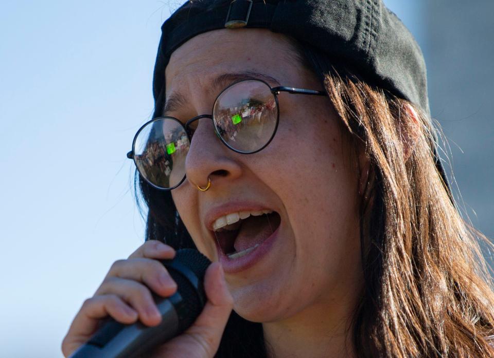 Taylor Nisley addresses the crowd during a rally opposing the Supreme Court decision overturning Roe V Wade Friday, June 24, 2022 at the Jon R Hunt Plaza in downtown South Bend. "Don't stop at voting. Organize, strike, unionize," she said.