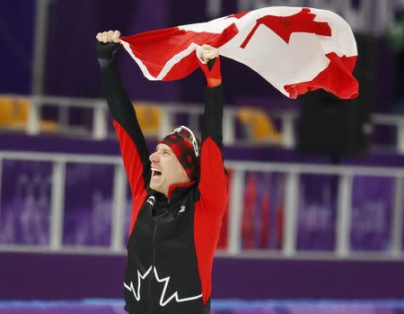 Speed Skating - Pyeongchang 2018 Winter Olympics - Men's 10000m competition finals - Gangneung Oval - Gangneung, South Korea - February 15, 2018 - Ted-Jan Bloemen of Canada celebrates after winning gold. REUTERS/Phil Noble