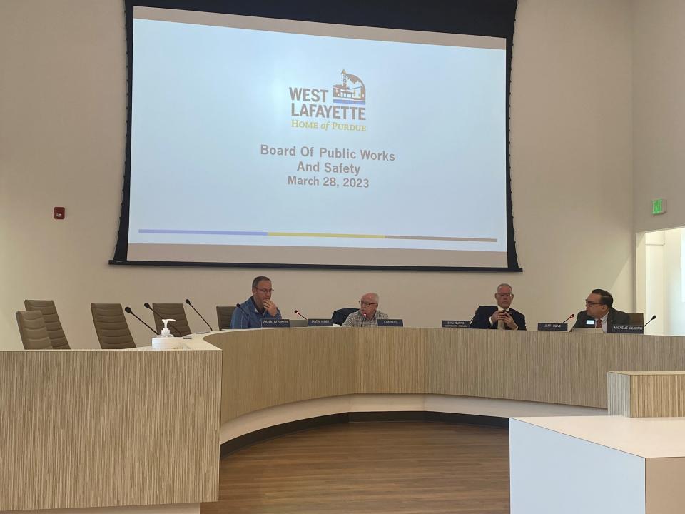 Members of the West Lafayette Board of Public Works and Safety meet on March 28, 2023.