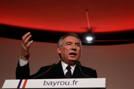 Francois Bayrou, French centrist politician and the leader of the Democratic Movement (MoDem), speaks during a news conference at his party's headquarters in Paris, France, February 22, 2017. REUTERS/Gonzalo Fuentes