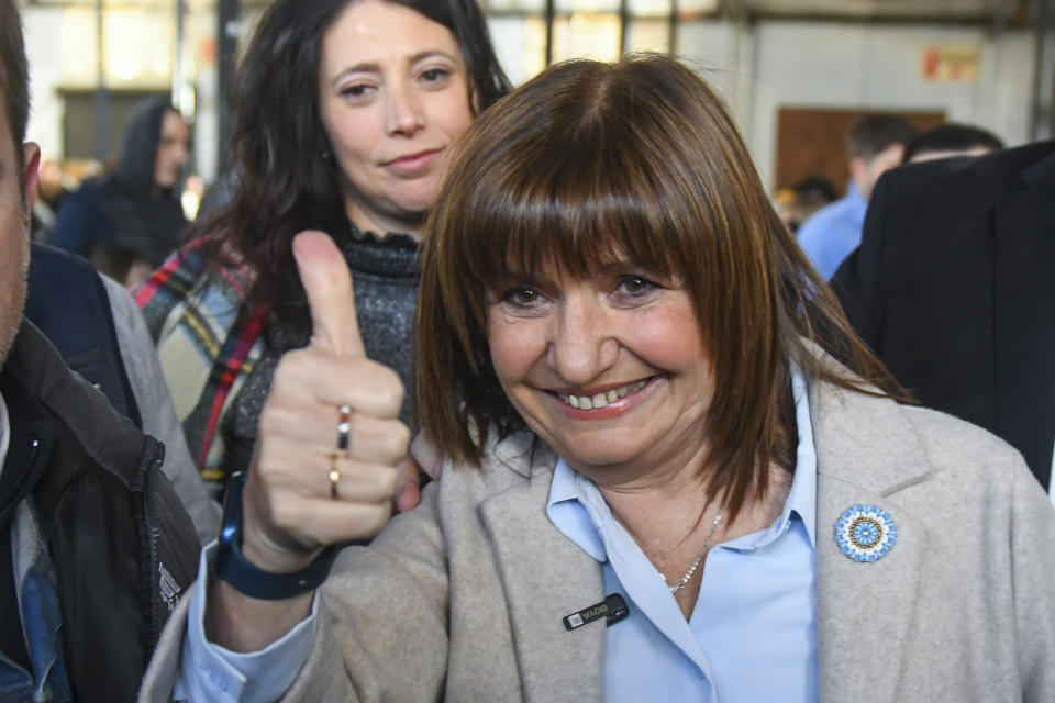 Presidential hopeful Patricia Bullrich, with the United for Change coalition, thumbs-up after voting in primary elections in Buenos Aires, Argentina, Sunday, Aug. 13, 2023. (AP Photo/Gustavo Garello)