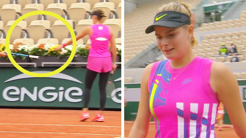 Katarina Zavatska (pictured right) crying as she walks to pick up a new racquet (pictured left) after snapping her strings.