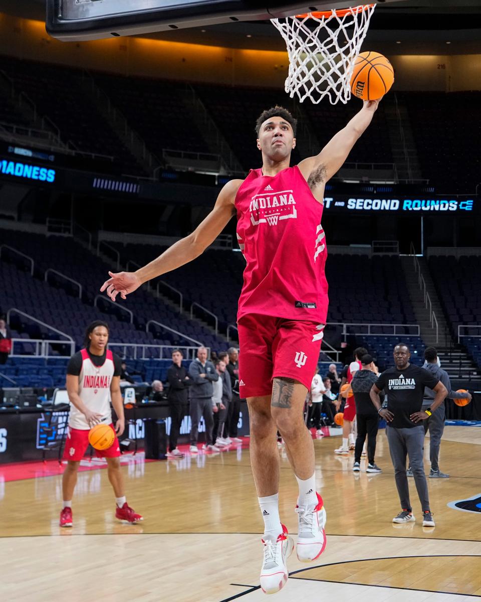 Mar 16, 2023; Albany, NY, USA; Indiana Hoosiers forward Trayce Jackson- Davis (23) shoots a layup during the practice session at MVP Arena.