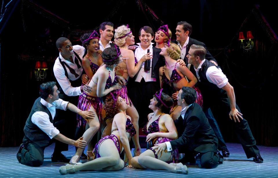 In this publicity photo provided by Boneau/Bryan-Brown, Matthew Broderick, center, and the cast of the new musical comedy "Nice Work If You Can Get It" perform at Broadway's Imperial Theatre in New York. (AP Photo/Boneau/Bryan-Brown, Joan Marcus)