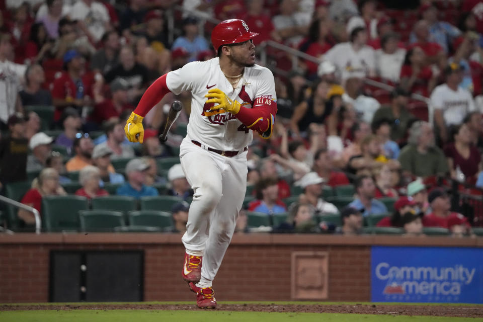 St. Louis Cardinals' Willson Contreras tosses his bat as he watches his two-run home run during the eighth inning of a baseball game against the San Diego Padres Tuesday, Aug. 29, 2023, in St. Louis. (AP Photo/Jeff Roberson)