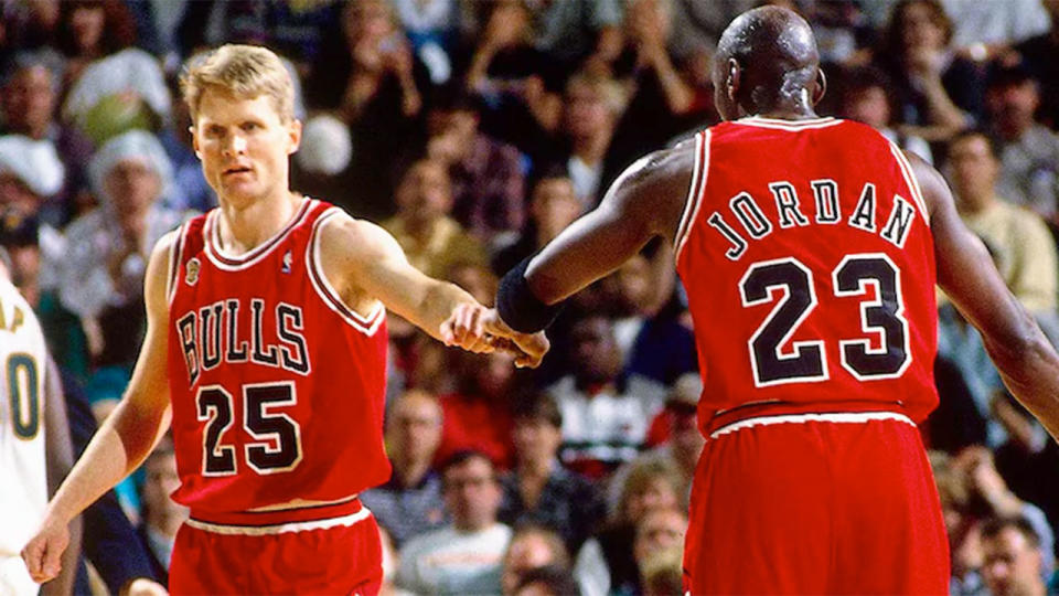 Pictured here, former Chicago Bulls teammates Steve Kerr and Michael Jordan.