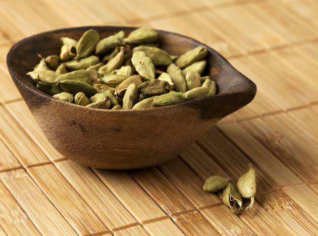 <p><b>Cardamom (elaichi)</b>: The most aromatic of all Indian spices, our very own elaichi is consumed in two forms – green (choti elaichi) and black (badi elaichi) pods. <a href="http://www.mdhil.com/prevent-halitosis-bad-breath/" rel="nofollow noopener" target="_blank" data-ylk="slk:Bad breath;elm:context_link;itc:0;sec:content-canvas" class="link ">Bad breath</a>, loss of appetite, <a href="http://www.mdhil.com/category/healthy-mind/anxiety-depression/" rel="nofollow noopener" target="_blank" data-ylk="slk:depression;elm:context_link;itc:0;sec:content-canvas" class="link ">depression</a>, indigestion, nausea; you name it, cardamom cures it. It is a great carminative (causing expulsion of gas), diuretic (causing urination), digestive, expectorant (helps bring up phlegm from lung etc) and stimulant. Besides providing health benefits, who can do away without a hot elaichi chai?</p>