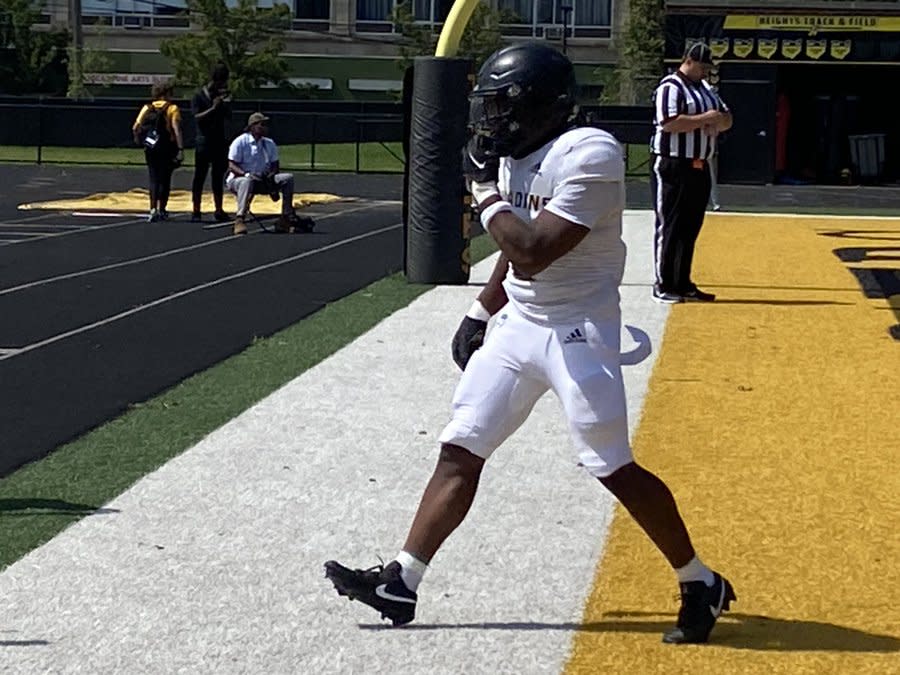 Paramus Catholic's Xavier Williams scores a touchdown from 4 yards out in the first quarter as the Paladins score first against Cleveland Heights on Saturday, Aug 26, 2023 in Cleveland Heights, Ohio. Paramus Catholic got the road win in its season-opening game, 43-41.