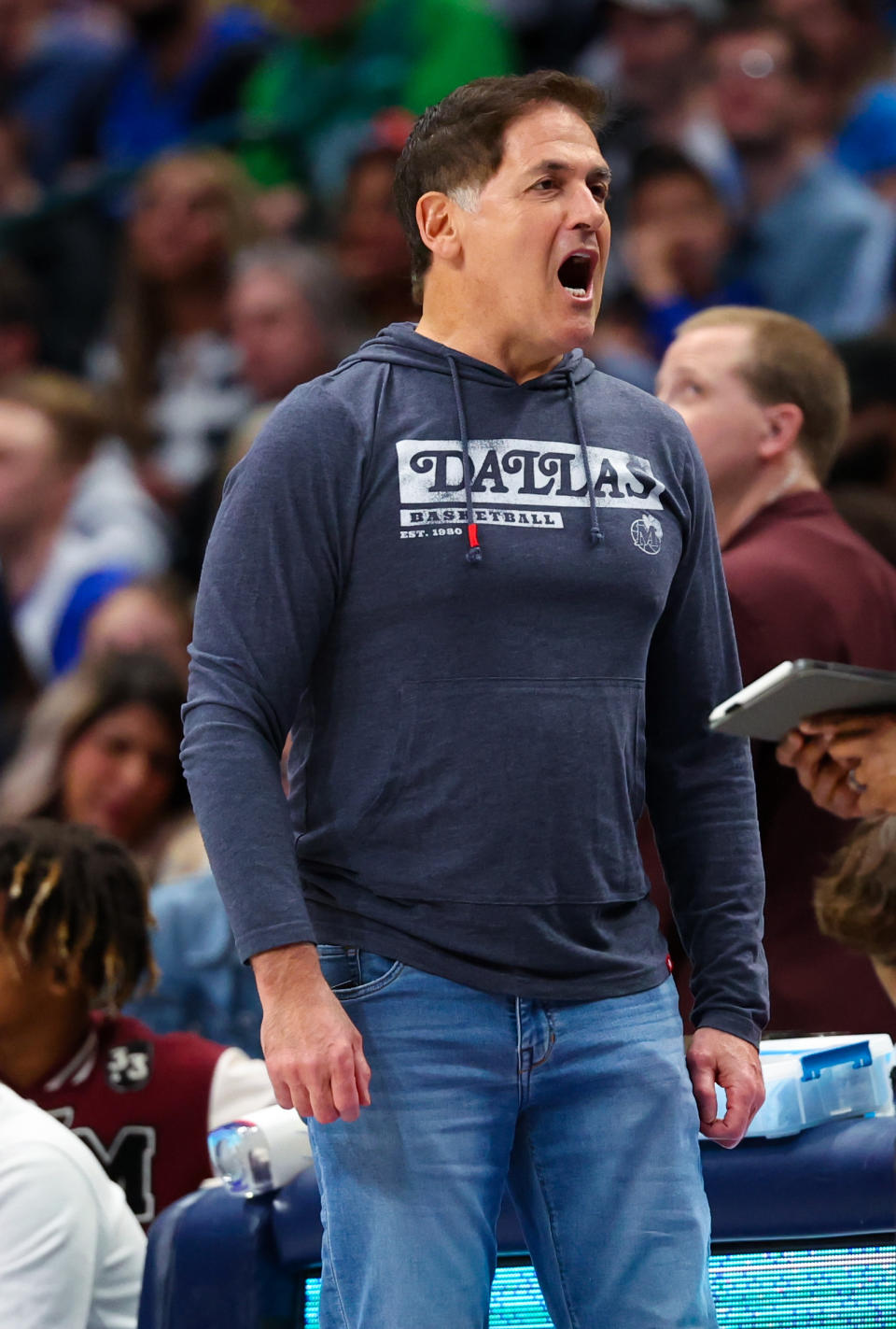 Feb 10, 2024; Dallas, Texas, USA; Mark Cuban reacts during the first half against the Oklahoma City Thunder at American Airlines Center. Mandatory Credit: Kevin Jairaj-USA TODAY Sports