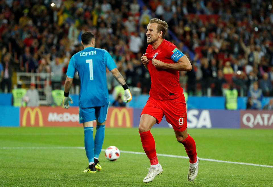 <p>Harry Kane celebrates putting England ahead in Moscow </p>