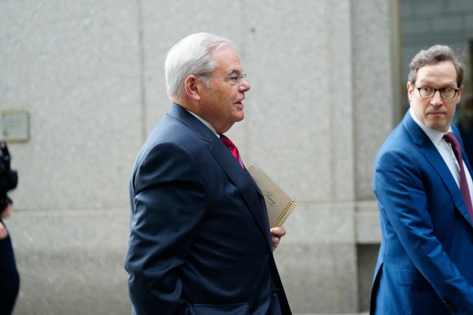 United States Senator, Bob Menendez walks towards the Daniel Patrick Moynihan U.S. Courthouse where he will be on trial for bribery and corruption charges. The jury selection for the trial is expected to start today, Monday, May 13, 2024.