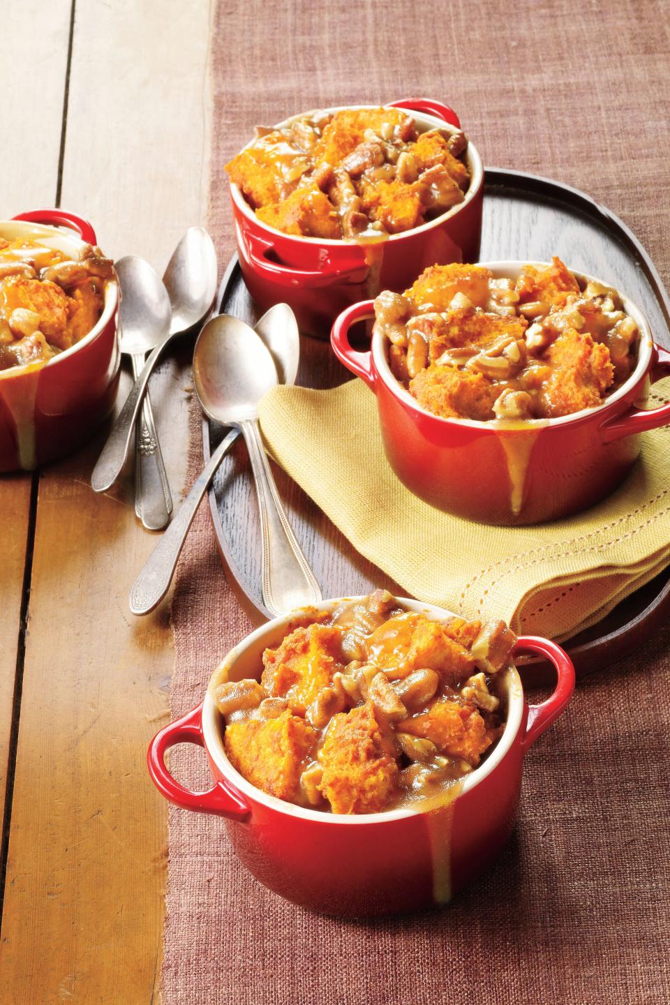 Caramel-Pecan-Pumpkin Bread Puddings