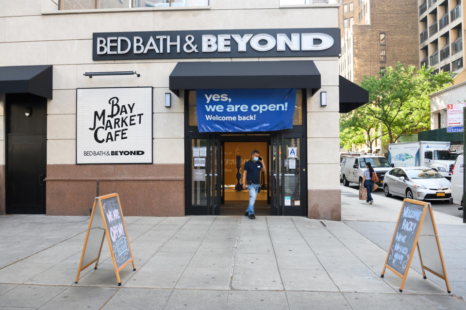 NEW YORK, NEW YORK - JUNE 23: A person leaves Bed Bath & Beyond in Kips Bay as the city moves into Phase 2 of re-opening following restrictions imposed to curb the coronavirus pandemic on June 23, 2020 in New York City. Phase 2 permits the reopening of offices, in-store retail, outdoor dining, barbers and beauty parlors and numerous other businesses. Phase 2 is the second of four-phased stages designated by the state. (Photo by Noam Galai/Getty Images)