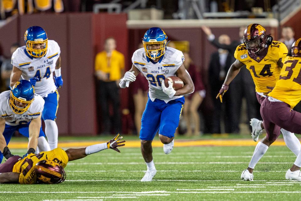 South Dakota State running back Pierre Strong Jr. returns a kickoff during a game against Minnesota in 2019.