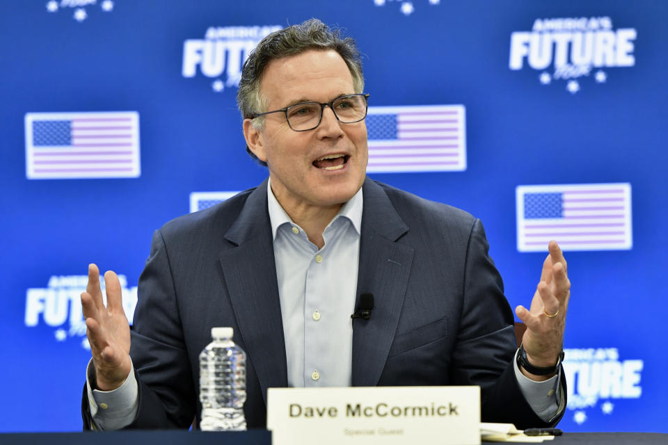 Republican David McCormick, a candidate for U.S. Senate in Pennsylvania, speaks during an event at the Pennsylvania Manufacturers Association offices, March 15, 2024, in Harrisburg, Pa. McCormick wants to unseat Democratic Sen. Bob Casey, who is emerging as the tip of the spear in trying to reframe the election-year narrative around inflation, a key soft spot in 2024 for Democrats on the all-important voter issue of the economy. (AP Photo/Marc Levy)