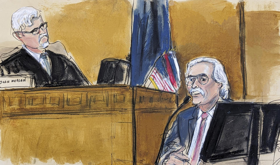 Judge Juan Merchan, left, listens as David Pecker testifies on the witness stand in Manhattan criminal court, Friday, April 26, 2024, in New York. (Elizabeth Williams via AP)