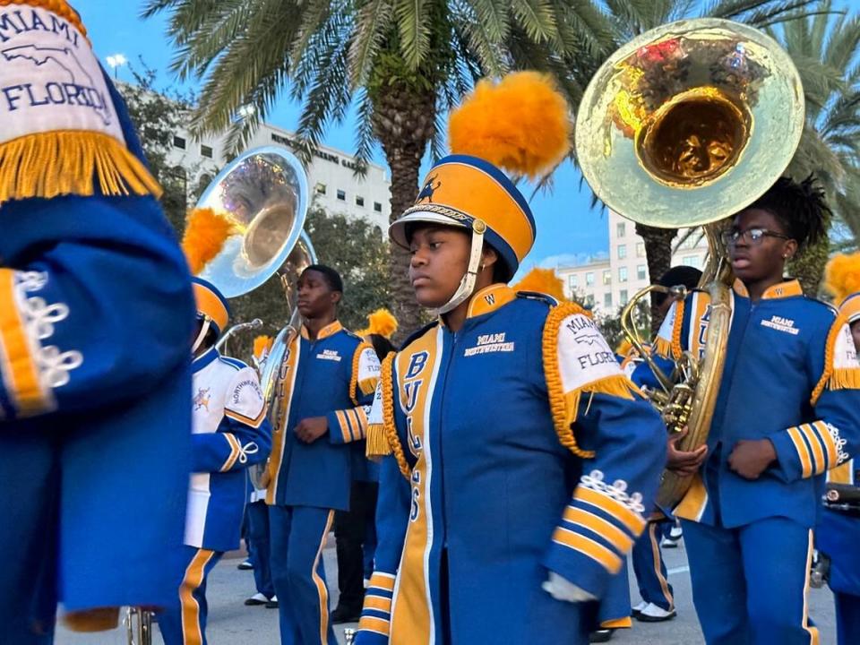 Miami Northwestern Senior High School Marching Band played music and even did a quick dance routine along the Miracle Mile route of the Junior Orange Bowl Parade on Dec. 10, 2023.