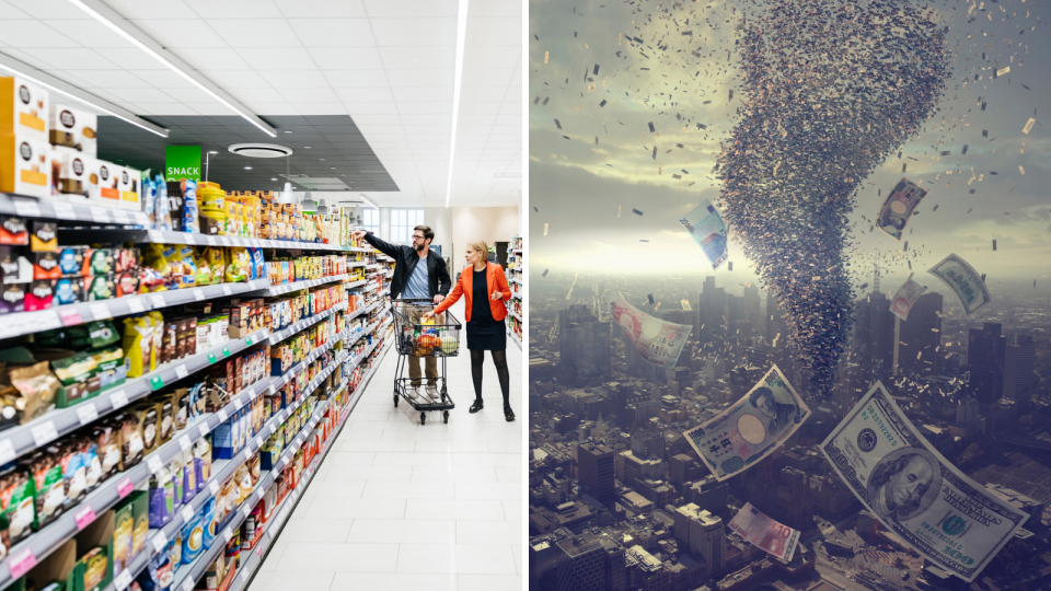 Couple in supermarket, tornado of international currency.