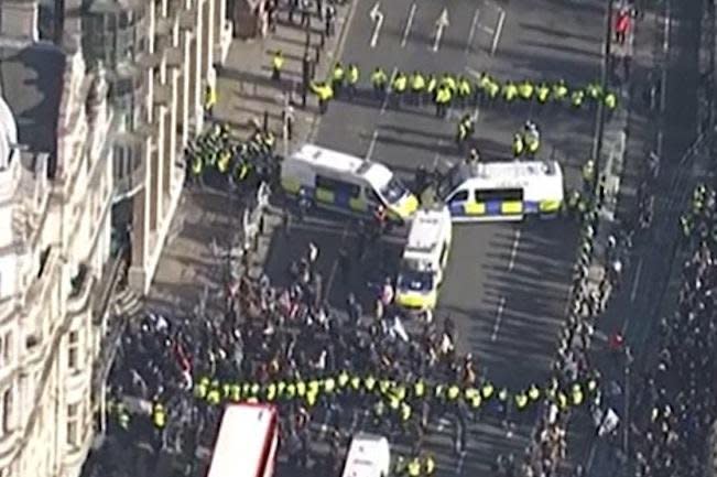 Police arrested more than 100 people for various offenses including carrying concealed weapons and breaching the peace during a pro-Palestinian march in London on Saturday. Photo courtesy of London Metropolitan Police