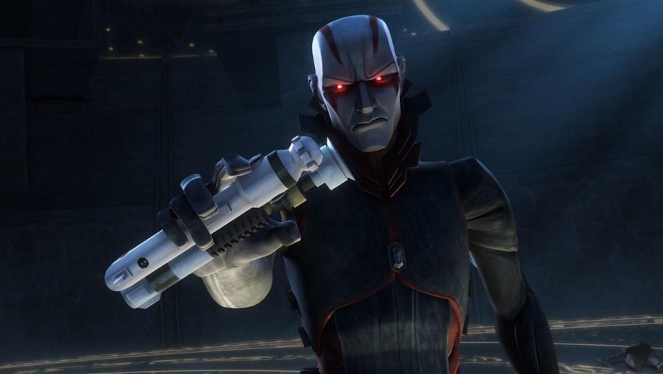 The sinister dark side Son of Mortis holds lightsabers on The Clone Wars