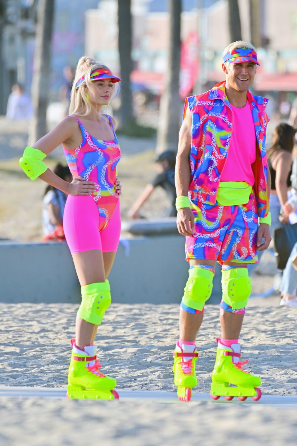 Margot Robbie and Ryan Gosling on rollerblades film new scenes for 'Barbie' in Venice California