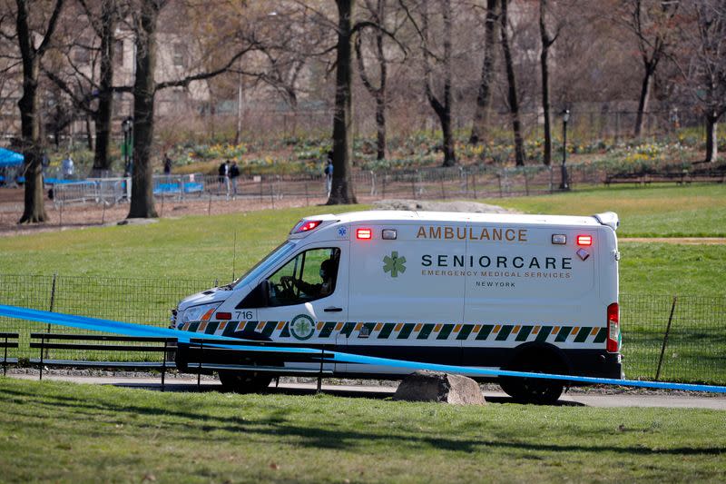 Healthcare worker outside newly constructed field hospital in East Meadow of Central Park during the outbreak of coronavirus disease (COVID-19) in New York