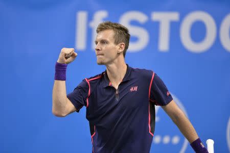 Tomas Berdych of Czech Republic celebrates winning against Grigor Dimitrov of Bulgaria in the quarterfinal of the Stockholm Open tennis tournament in Stockholm, Sweden, October 23, 2015. REUTERS/Henrik Montgomery/TT News Agency