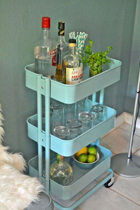 The Bar Trolley  You’ll probably recognise this Ikea three-tier caddy. But forget about using it as bathroom storage or as a bedside table, it makes an epic bar.