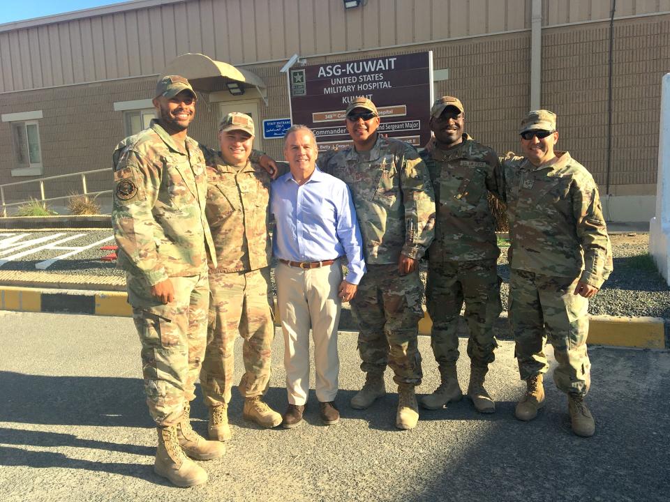 On December 23, 2019 Congressman Cicilline met with five Rhode Islanders serving in Kuwait: From left to right (with ranks as of today): Technical Sergeant Max Silva; Master Sergeant David Gallego; Master Sergeant Edwin Gaviriamejia; 2nd LT Johnny C. Bender; Master Sergeant Lloyd Ashong