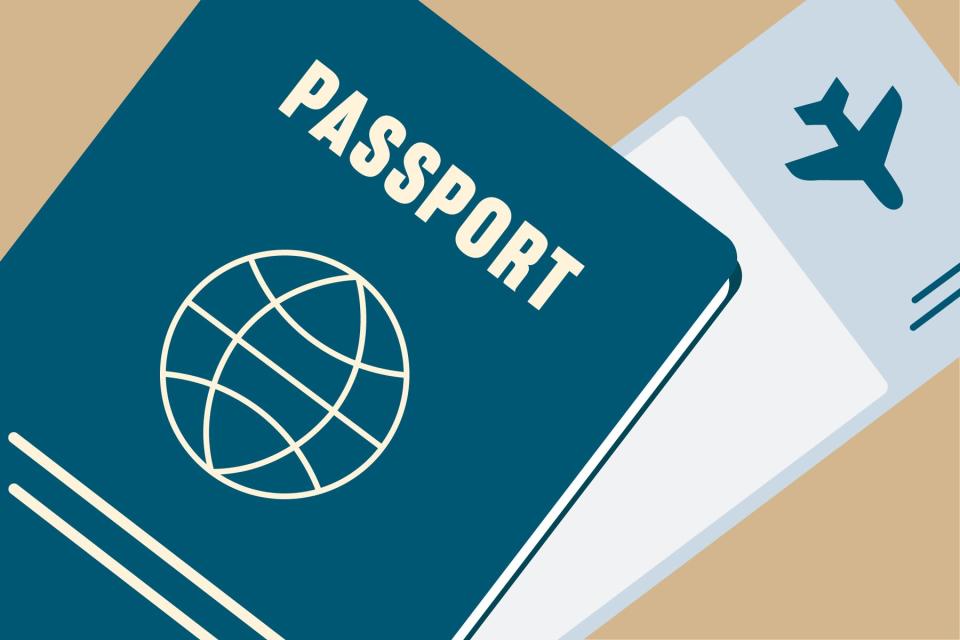 An illustration of a passport and airplane ticket