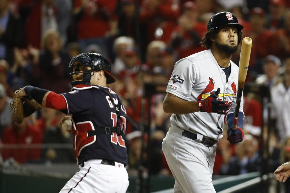 St. Louis Cardinals' Jose Martinez reacts after striking out during the first inning of Game 4 of the baseball National League Championship Series against the Washington Nationals Tuesday, Oct. 15, 2019, in Washington. (AP Photo/Patrick Semansky)