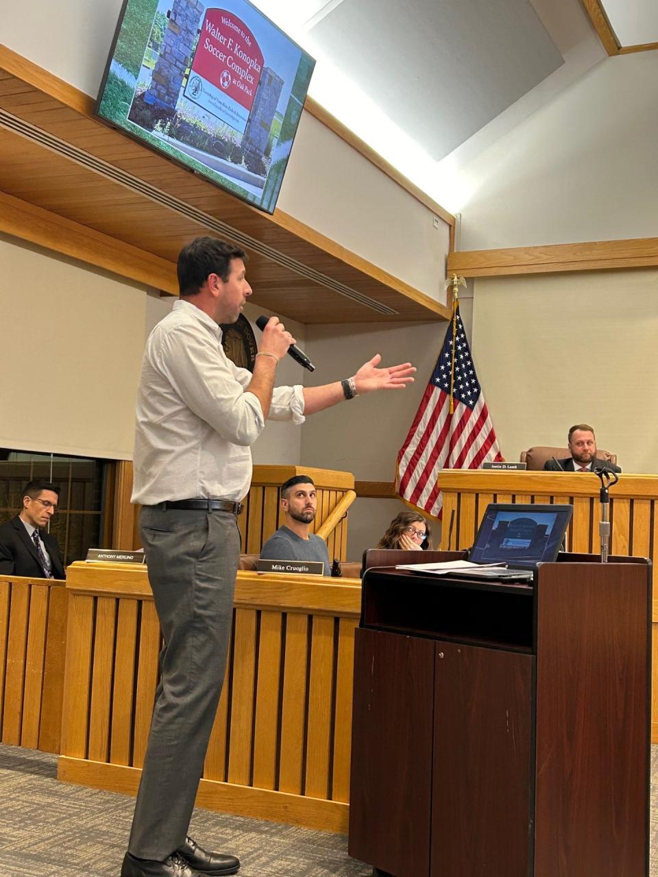 Mike Konopka speaks to the Toms River Township Council on Dec. 19, 2023 about naming the Oak Avenue Soccer Complex after his father, Walter.